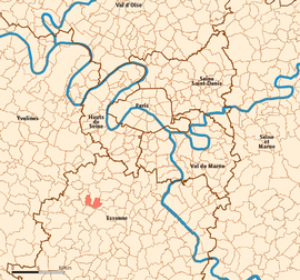 Location (in red) within Paris inner and outer suburbs