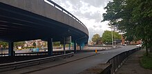 View of the underside of the Moat Street flyover, roundabout and car park