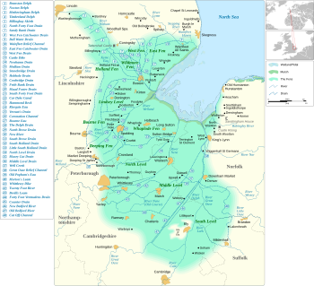 Map of eastern England, showing position of the Fens