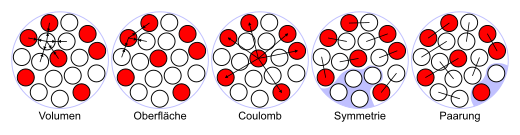 Tröpfchenmodell, dass die vier Bindungsarten eines Atomkerns visualisiert.