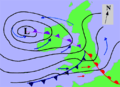 Image 17A fictitious synoptic chart of an extratropical cyclone affecting the UK and Ireland. The blue arrows between isobars indicate the direction of the wind, while the "L" symbol denotes the centre of the "low". Note the occluded, cold and warm frontal boundaries. (from Cyclone)