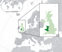 威爾斯的位置（深绿色） – 欧洲（绿色及深灰色） – 英国（绿色）
