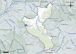 Carte en couleur présentant le réseau hydrographique de la commune