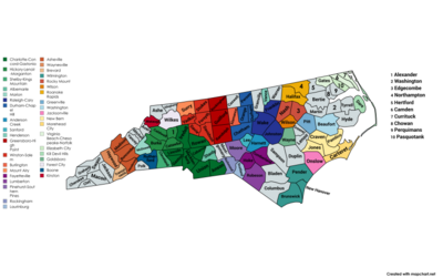Map of the 39 core-based statistical areas in North Carolina.