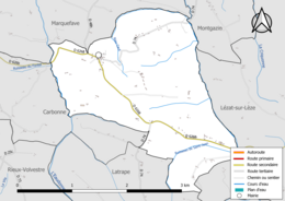 Carte en couleur présentant le réseau hydrographique de la commune