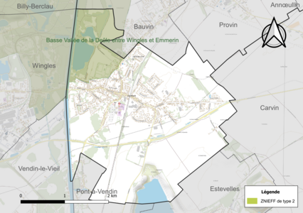 Carte de la ZNIEFF de type 2 sur la commune.