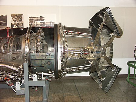 Low bypass turbofan (Turbo-Union RB199) with afterburner. Visible at the left is the bypass duct surrounding the turbines. For the afterburner can be seen the bypass fuel injectors and bypass flame holders and core flameholder in the centre. The core fuel injection is unseen upstream. Reliable burning in the bypass air, which can be as cold as 300 K, is guaranteed by collecting some of the turbine exhaust stream to heat the bypass flameholders. The buckets shown half-way between deployed and stowed positions are for the thrust reverser.