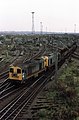 British Railways Class 20 No.s 20167 and 20162 take the line to Walsall, Hednesford and Rugeley from Bescot with a short train of empty coal wagons, November 1982