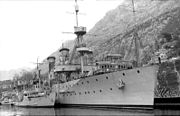 The light cruiser and gunnery training ship Dalmacija and the minelayers Mljet and Meljine docked at the Bay of Kotor