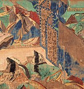 The courtiers in the foreground are wearing their hitoe off-the-shoulder, showing the kosode beneath.