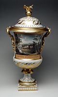 Covered vase with scene of the factory and Coalbrookdale, c. 1810, 21 1/3 in. (54.19 cm) high