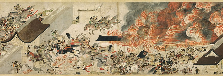 Attaque nocturne du palais de Sanjō (détail d'un rouleau illustré du Dit de Heiji, illustration composée au XIIIe siècle, Kamakura), 41,3 × 700,3 cm, Musée des Beaux-Arts de Boston.