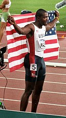 Weltmeister Justin Gatlin mit seiner ersten Goldmedaille hier in Helsinki, vier Tage später siegte er auch über 200 Meter