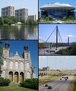 From top, left to right: Le Domaine Bellerive apartment complex, Cinémas Cineplex Laval, Papineau-Leblanc Bridge, Saint-Vincent-de-Paul Catholic Parish, Quebec Autoroute 15 through Laval