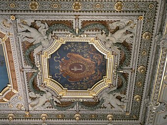 Neoclassical festoons on a ceiling of the Palais de la Bourse, Lyon, France, designed by Alexandre-Dominique Denuelle and sculpted by Guillaume Bonnet, 1855–1862