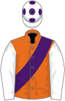 Orange, purple sash, white sleeves, white cap, purple spots