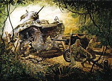 A painting that depicts an American tank smashing into a Japanese roadblock in December 1941