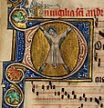 Saint Andrew martyred on a decussate cross (miniature from an East Anglian missal, c. 1320)