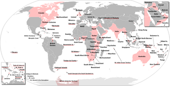 All areas of the world that were ever part of the British Empire. Current British Overseas Territories have their names underlined in red.