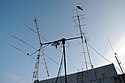 Thin, black, straight wires intersecting at various points protruding from a grey building or else from each other with a blue sky in the background.