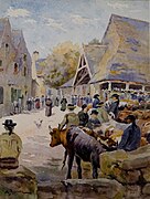 Albert-Léopold Pierson ː Le Faouët, un jour de marché (1913, crayon et aquarelle sur papier, musée du Faouët).