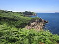 Poullan-sur-Mer : les falaises au nord-ouest de Linguer près de la limite ouest du littoral communal ; à l'arrière-plan la pointe du Millier (en Beuzec-Cap-Sizun).