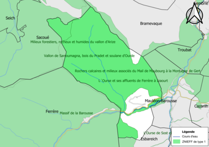 Carte des ZNIEFF de type 1 sur la commune.