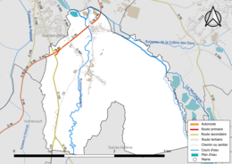 Carte en couleur présentant le réseau hydrographique de la commune