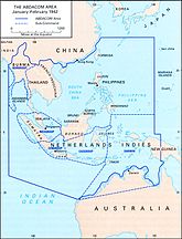 Map of South East Asia and the South West Pacific, with ABDACOM sub-command boundaries superimposed