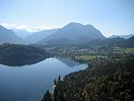 View of the Lake Altaussee and Altaussee, in the background the Hoher Dachstein