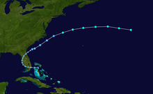 The track of a tropical storm off the United States East Coast; it begins east-northeastward before gradually curving to the east