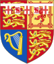 Quarterly, 1st and 4th Gules three lions passant guardant in pale Or armed and langued Azure (for England), 2nd quarter Or a lion rampant within a double tressure flory-counter-flory Gules (for Scotland), 3rd quarter Azure a harp Or stringed Argent (for Ireland), with over all a label of five points Argent, the centre and two outer points charged with a cross Gules, and the inner points with a lion passant guardant also of Gules.