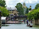 ☎∈ Cambridge Quayside and Magdalene Bridge viewed from the boardwalk.