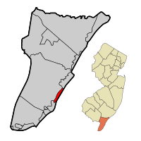 Location of Stone Harbor in Cape May County highlighted in red (left). Inset map: Location of Cape May County in New Jersey highlighted in orange (right).