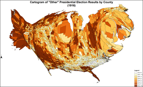 Cartogram shaded according to percentage of the vote for all others