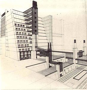 Futurism – Staircase house with elevators from four street levels, part of La Città Nuova, by Antonio Sant'Elia (1914), ink and pencil on paper, Musei Civici, Como, Italy[72]