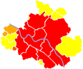 Eingemeindungen 1997–1999. Rot: Stadtgebiet 1957–1997. Eingemeindungen: Orangerot Jan. 1997. Orange Juli 1997. Gelb Jan. 1999.