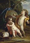 Dos putti soplando burbujas en un paisaje, con símbolos de vanitas (1748), de Jacob de Wit, colección privada