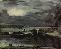 Bateaux sur la Stour avec l'église de Dedham en arrière-plan, John Constable, c. 1811.