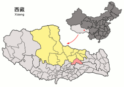 Location of Lhari County (red) within Nagqu City (yellow) and the Tibet Autonomous Region