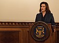Image 20Governor Gretchen Whitmer speaking at a National Guard ceremony in 2019 (from Michigan)