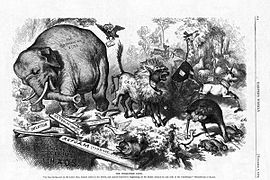 An 1874 cartoon by Thomas Nast, featuring the first notable appearance of the Republican elephant[180]