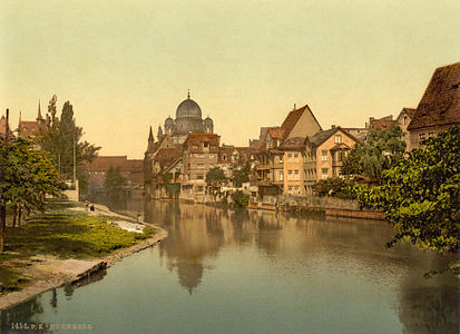 Pegnitz shore and synagogue, Nuremberg (at History of the Jews in Germany), by Detroit Publishing Co. (edited by Durova)