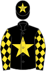 Black, yellow star, diamonds on sleeves, black cap, yellow star