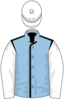 Light blue, black seams, white sleeves and cap