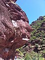 Figure anthropomorphe dite « le visage à la grimace », vue de trois quarts face, schiste rouge, dans les gorges du Cians (Alpes-Maritimes, France).