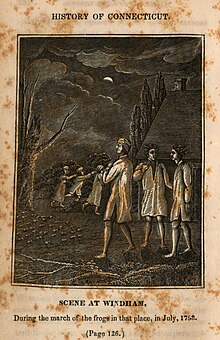 A book page featuring an engraving of three men in the foreground, and three others in the background, all dressed in nightclothes. Dozens of frogs can be seen on the ground. Text at the top of the page reads "History of Connecticut" and a caption at the bottom reads "Scene at Windham, During the march of the frogs in that place, in July, 1758. (Page 126.)"