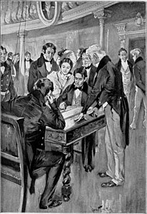 Illustration de 1900 de Samuel Morse envoyant le premier message longue distance (en), « What hat hath god wrought », le 24 mai 1844.