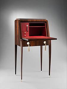 Tibattant Lady's Desk, Macassar ebony, ivory, leather, aluminum leaf, silver, silk, oak, lumber-core plywood, poplar, mahogany (1923), (Metropolitan Museum of Art)