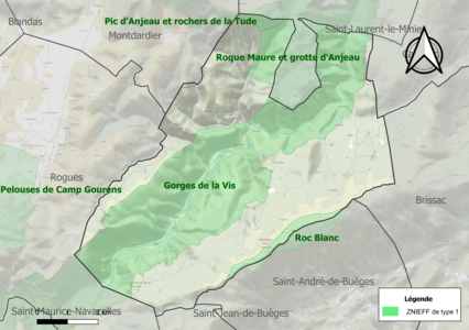 Carte des ZNIEFF de type 1 sur la commune.